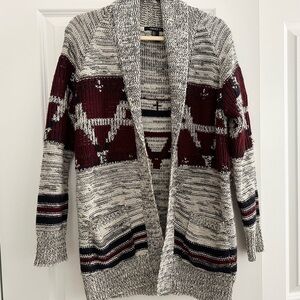 Fair Isle Open Front Oversized Cardigan Sweater Grey Burgundy Black & White